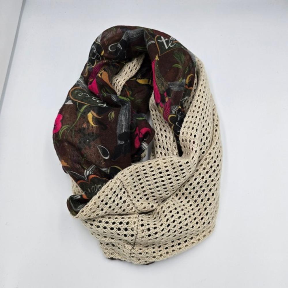 Sakroots Infinity Scarf Birds Nature Peace Print Beige Crochet Trim One Size